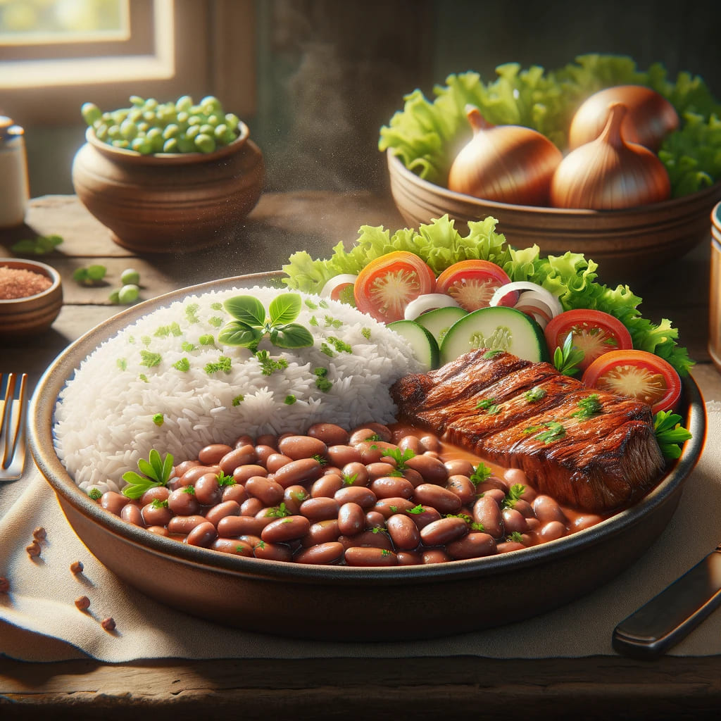 Arroz, feijão, carne e legumes